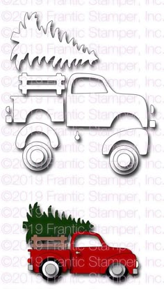 a red truck with a christmas tree on the back is shown in front of a white background