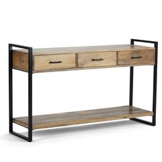 a wooden and metal console table with drawers