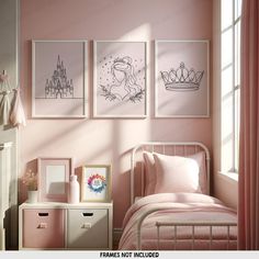 a bedroom with pink walls and pictures on the wall