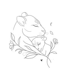 a black and white drawing of a lion hugging a baby bear on top of a branch