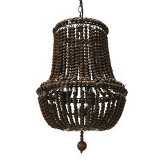 a wooden beaded chandelier hanging from a chain on an isolated white background