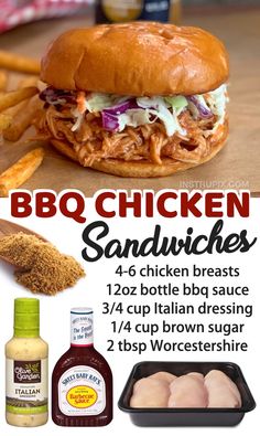 bbq chicken sandwiches with sauces and seasonings on the side, including two hotdog buns