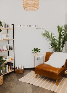 a chair and some plants in a room