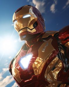 the iron man from avengers is shown in front of a blue sky with white clouds