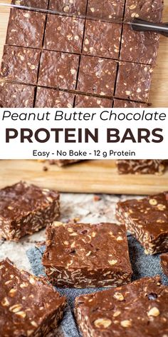 peanut butter chocolate protein bars are stacked on top of each other and ready to be eaten