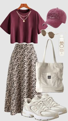 #purple #burgundy #summeraesthetic #ootd #falloutfit #camp #outfit #aesthetic #casual #leopardprint #christiangirl #teacheroutfit #sneakers #schooloutfit #modestfashion Rok Outfit, Casual Day Outfits, Quick Outfits, Easy Trendy Outfits