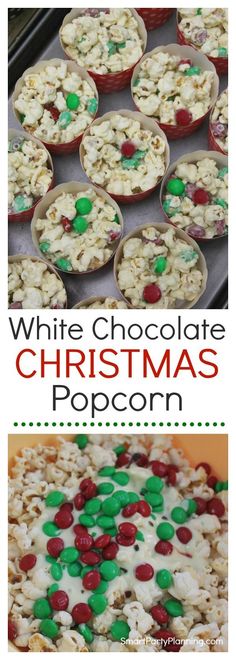 white chocolate christmas popcorn with green and red sprinkles on top, in front of a baking sheet