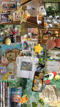 the collage shows many different things in this photo, including books and pictures on it