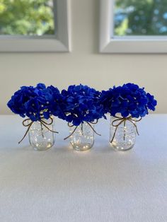 three glass vases with blue flowers in them