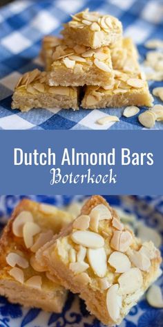 some food that is on top of a blue and white checkered table cloth with the words dutch almond bars