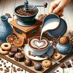 a painting of coffee being poured into a cup on top of a table with cookies and other items