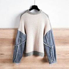 Denim Patchwork Knit" "Long Sleeve Knit Top" "Chunky Knit Sweater" "Denim and Knit Combo" "Stylish Thicken Knit Pullover" "Casual Patchwork Jumper" Jean Sweater, Spring Knitwear, Patchwork Sweater, Pullover Mode, Knit Denim, Patchwork Jeans, Frayed Denim, Chic Sweaters, Denim Patchwork