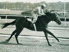 a man riding on the back of a black horse down a race track with trees in the background