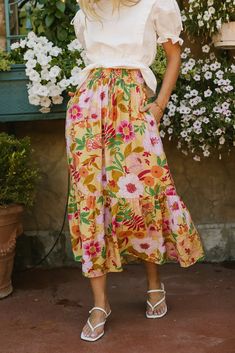 Floral Pattern Elastic Waist With Tie Two Hand Pockets Two Tiered Skirt Slightly See Through Non Stretch Material 85% Rayon, 15% Nylon Hand Wash Cold, Hang Dry Model Info Height: 5'7" Wearing Size: X-Small ~section 2~ SIZE US SIZE WAIST LENGTH X-Small (00-0) 25" 35" Small (2-4) 27" 36.5" Medium (6-8) 29" 37" Large (10-12) 31" 37.5" X-Large (14-16) 33" 38.5" **For more specific information on the product, please feel free to email us at webteam@bohme.com Multicolor Floral Print Bottoms For Brunch, Multicolor Floral Print Long Skirt, Spring Vacation Skirt With Pockets, Multicolor Summer Skirt With Pockets, Summer Multicolor Skirt With Pockets, Skirted Floral Print Bottoms For Brunch, Multicolor Skirt With Pockets For Spring, Multicolor Tiered Skirt For Day Out, Casual Multicolor Skirt For Brunch