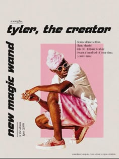 a man sitting on top of a pink and white cover with the words tyler, the creator