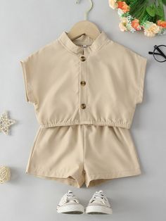 Khaki Casual  Short Sleeve Polyester Plain  Embellished Non-Stretch Summer Toddler Girls Clothing Batwing Sleeve Blouse, Girl Inspiration, Toddler Girl Outfits, Batwing Sleeve, Bat Wings, Two Piece Outfit, Girls Clothing, Toddler Girls, Toddler Girl