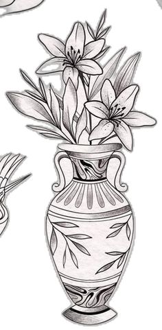 a black and white drawing of flowers in a vase with two hummings flying around