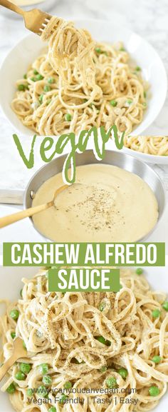 two white plates filled with pasta and sauce on top of each other, the title says vegan cashew alfredo sauce