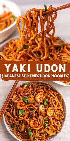 an image of yaki udon with chopsticks in the bowl and another dish on the plate