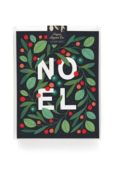 a christmas card with the words noell in white and red berries on black background