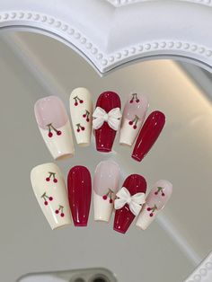 Cherry Core Press On Nails, Kawaii Press On Nails, Handmade Press On Nails Coffin, Reusable Press On Coquette Girlies, Cherry Core, Nails Japanese, Red Coquette, Press On Nails Coffin, Cherry Design, Fake Nails Designs, Cherry Nails