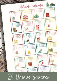 a printable christmas calendar with the words, 24 unique squares