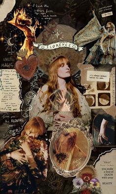 an altered collage with pictures and words on it's side, including the image of a woman wearing a crown