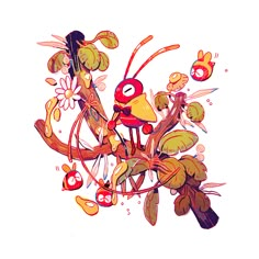 a drawing of a bug with flowers and leaves