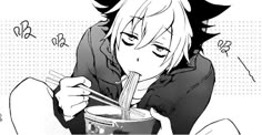 an anime character eating soup with chopsticks