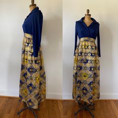 1960s Maxi Hostess Dress Blue/Gold by VintageDrifter on Etsy Blue Fitted Long Sleeve Maxi Dress, Gold Fitted Maxi Skirt For Summer, Fitted Yellow Maxi Skirt, Blue Fitted Maxi Dress With Long Skirt, Blue Fitted Maxi Dress, Fitted Blue Maxi Dress, Fitted Gold Maxi Dress For Spring, Gold Fitted Long Sleeve Maxi Dress, Spring Gold Floor-length Maxi Dress