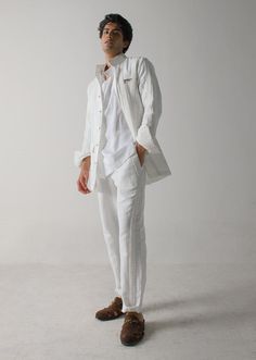 Jatin Malik-Ivory Pin Tuck Jacket And Pant Set-INDIASPOPUP.COM White Shacket, Jatin Malik, Cotton Linen Trousers, Blouse Yoke, Bespoke Clothing, Indian Party Wear, Blazer Set, Embroidered Jacket, Linen Trousers