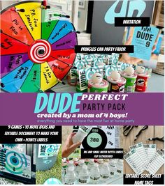 a collage of different party items including drinks, candy bars and water bottles with the words dude perfect party pack written on them