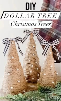 three christmas trees made out of burlock and twine with text overlay that says diy dollar tree christmas trees