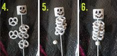 four different pictures showing how to make skeleton lollipops with marshmallows