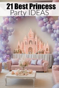 a living room filled with furniture and balloons in the shape of princess's castle