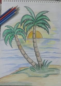 a drawing of two palm trees on an island