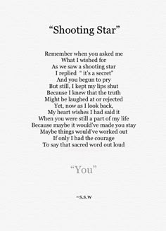 a poem written in black and white with the words shooting star on it's side