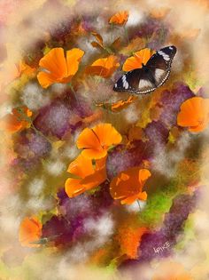 a painting of orange flowers and a butterfly