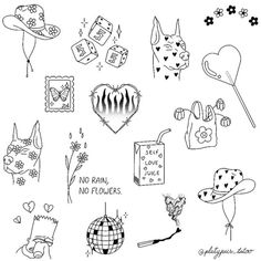 a drawing of various items that are drawn in black ink on white paper with the words no rain, no flowers