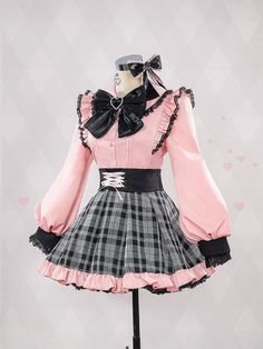 This price includes a shirt, a skirt, a bow tie, a pair of stockings, a pair of bowknot hairclips, a pair of ear clips and rings.  Step into the world of kawaii fashion with this adorable Hoshino Ai Jirai Kei cosplay outfit! This charming pink shirt and gray skirt ensemble captures the essence of Lolita-style clothing, perfect for cosplay events, tea parties, or simply adding a touch of whimsy to your everyday look. Embrace your inner Lolita with this delightful costume set inspired by OSHI NO KO's distinctive aesthetic.  Shirt   	 		 			Size 			S 			M 			L 			XL 		 		 			Full Length 			54 			55.5 			57 			58.5 		 		 			Bust 			84 			88 			92 			96 		 		 			Sleeve Length 			61 			62 			63 			64 		 		 			Shoulders 			34 			36 			38 			40 		 	     Skirt   	 		 			Size 			S 			M 			L 			XL Anime Costumes Drawing, Pink Star Outfit, Cult Party Kei Fashion, Cute Core Clothing, Pink Futuristic Outfit, Jirai Kei Sweater, Clown Fashion Aesthetic, Menhara Fashion, Jirai Kei Clothes