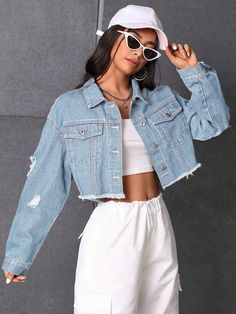 Women's Spring And Autumn Cut-Off Long Sleeve Denim Jacket With Distressed Detail And Frayed Hem Light Wash Casual  Long Sleeve Denim Plain Other Non-Stretch  Women Clothing, size features are:Bust: ,Length: ,Sleeve Length: Ripped Cropped Denim Jacket, Casual Cropped Ripped Denim Jacket, Long Sleeve Denim Jacket, Jean Top, Denim Jacket Women, Denim Jackets, Spring And Autumn, Shirt Collar, Cut Off