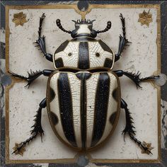 a black and white beetle sitting on top of a tile floor