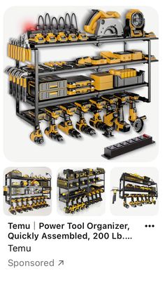 an image of a tool rack with tools on it and the words temu power tool organizer, quickly assembled, 200lb