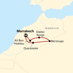 the route map for marrakechh and wadies in morocco, including an area with