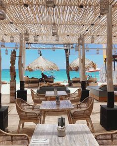 tables and chairs under straw umbrellas on the beach