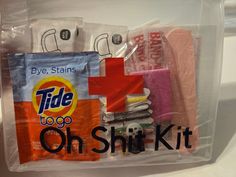 The 'oh s**t kit' is the perfect travel kit, great for bridesmaid gift (contact seller for additional quantities) * includes the following: Nail kit, buffer, file, cuticle pusher (1) Mini stitch sewing kit (1) Tide stain remover wipe (1) Four (4) dental Floss individually wrapped pics Four (4) Bandaid brand individually wrapped band aids Fits in any bag or clutch, sleek, perfect size! Zipper pouch! Diy Travel Kits, Family Emergency Kit, Travel Kit Gift, Apocalypse Stuff, Medicine Kit, Adulting 101, Cruise Ideas, Blessing Bags, Car Sick