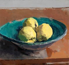 a painting of three lemons in a blue bowl