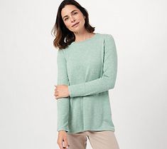 Live your life in soft style when this ultra-smooth button-back top is topping off your look. From Susan Graver. Susan Graver, Heather Green, Live Your Life, Knit Shirt, Soft Style, Live For Yourself, 8 Plus, Sweater Outfits, Top Blouse