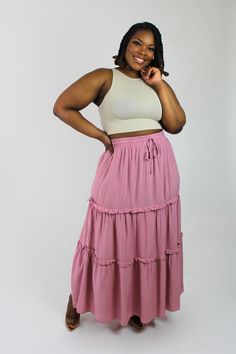 Our Choosing Hope Maxi Skirt is made of an airy lightweight material, with a romantic and feminine tiered ruffle detail. It has a mid-rise elastic waistband, and an adjustable drawstring - making it easy to comfortably place the skirt to complement your body type. Material: 100% RayonTotal Body Length: 37" measured from size small.Stretch: Does have stretchFit: True to size, for most.Model Size: Kala is wearing an X-Large. Kalani wears a medium. Long Skirt Ideas, Flowy Skirt Outfit, Maxi Skirt Plus Size, Job Interview Outfit, School Clothing, Date Night Outfit Ideas, Vacation Outfit Ideas, Skirt Ideas, Night Outfit Ideas