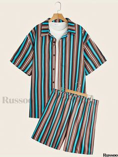 Russoo - Summer Beach Vacation Essentials: Mens Striped Shirt & Shorts Set, Premium 2-Piece Outfit, Stylish and Comfortable Apparel for Men of All Sizes Casual Striped Sets For Summer, Casual Striped Summer Sets, Casual Striped Short Sleeve Sets, Relaxed Fit Multicolor Beach Sets, Multicolor Relaxed Fit Beachwear Sets, Multicolor Relaxed Fit Beach Set, Casual Striped Beach Sets, Casual Striped Sets For Vacation, Casual Striped Vacation Sets